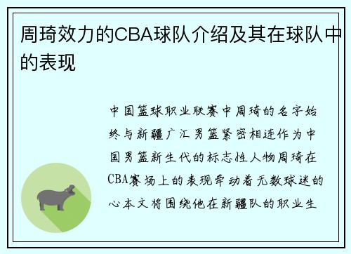 周琦效力的CBA球队介绍及其在球队中的表现