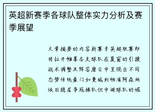 英超新赛季各球队整体实力分析及赛季展望